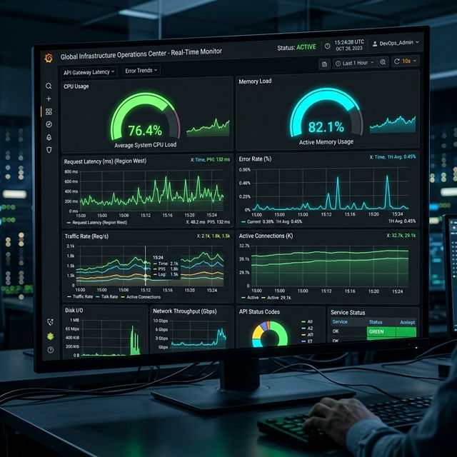 Technical Dashboard: Grafana monitoring showing CPU, Memory, and Request Latency