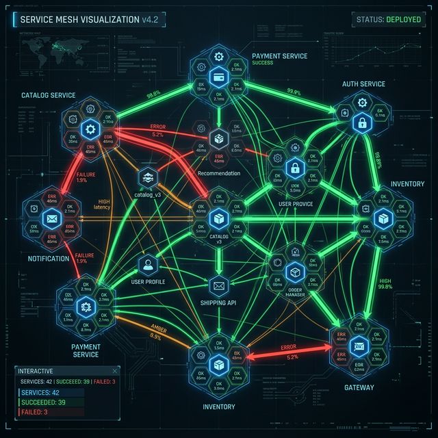 Monitoring Dashboard: Istio Service Mesh visualizer showing traffic flow between microservices