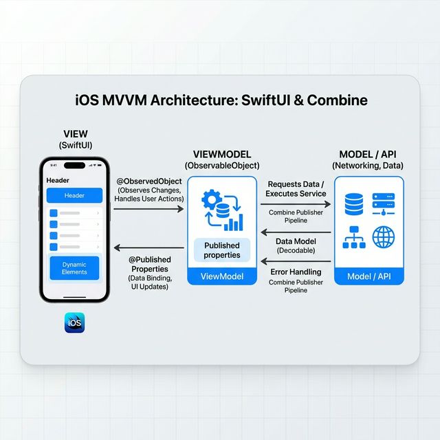 Technical Architecture: SwiftUI View and Combine ViewModel interaction flow